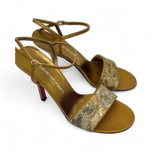 EMANUEL UNGARO PARIS‎ Gold LEATHER/LACE Ankle Strap Stilettos Size 7.5 NWOB